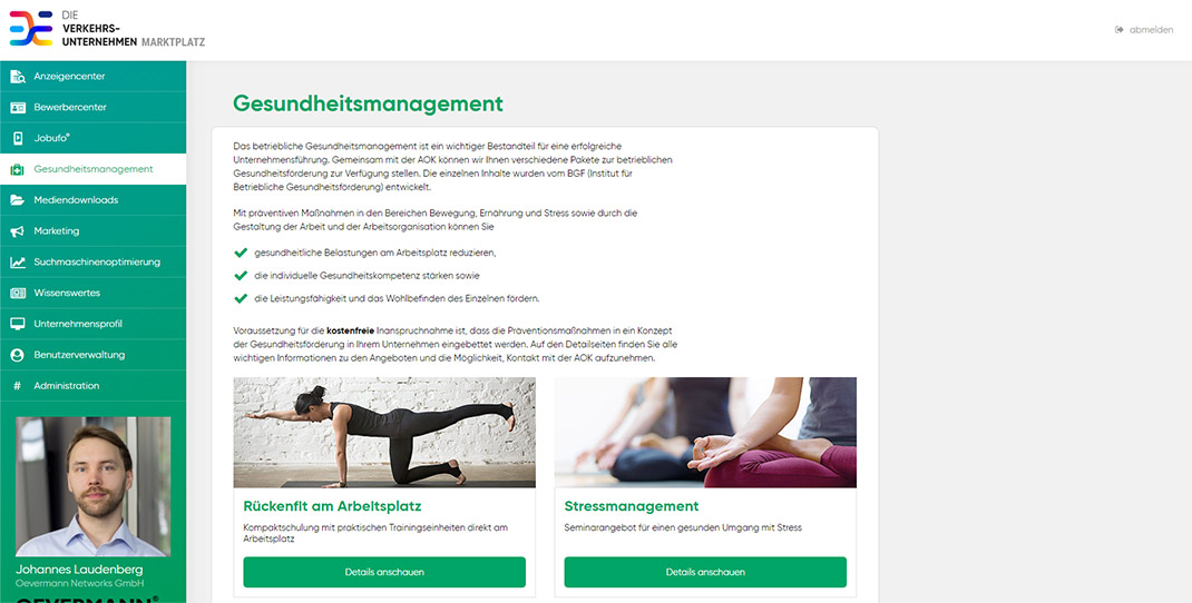Website Screenshot des VDV MARTKPLATZ: Betriebliche Gesundheitsangebote