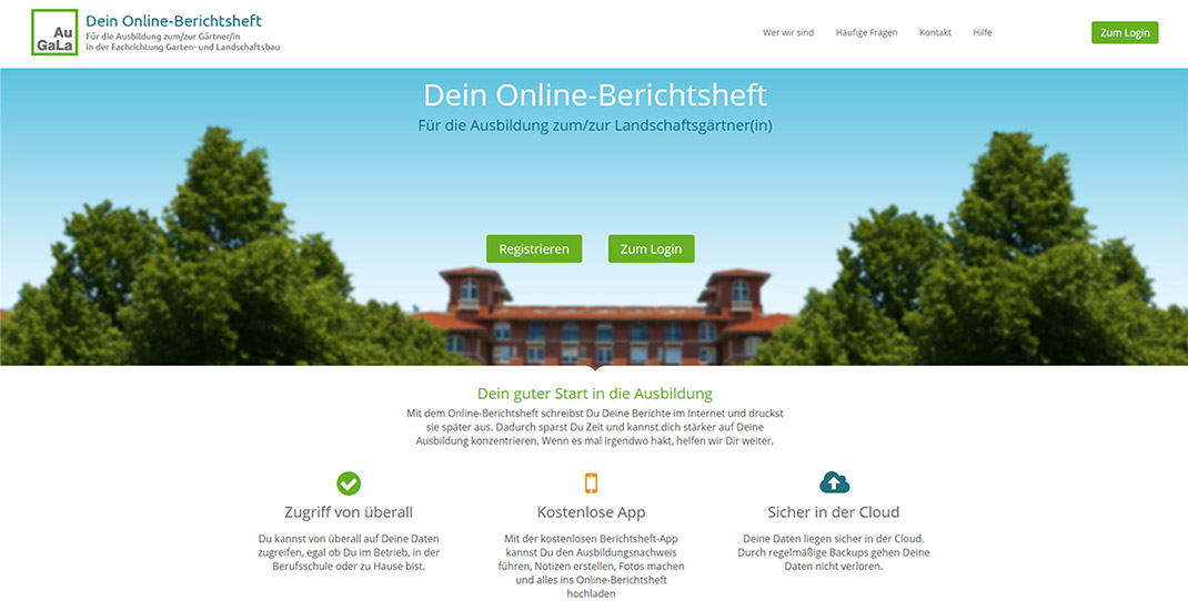 Website Screenshot des Online-Berichtshefts