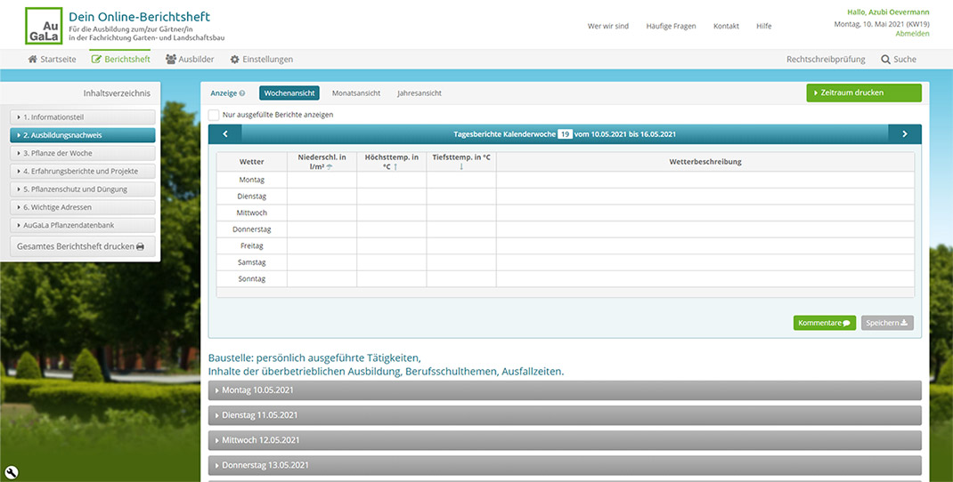 Website Screenshot des Online-Berichtshefts: Auszug des Berichtshefts: Ausbildungsnachweis