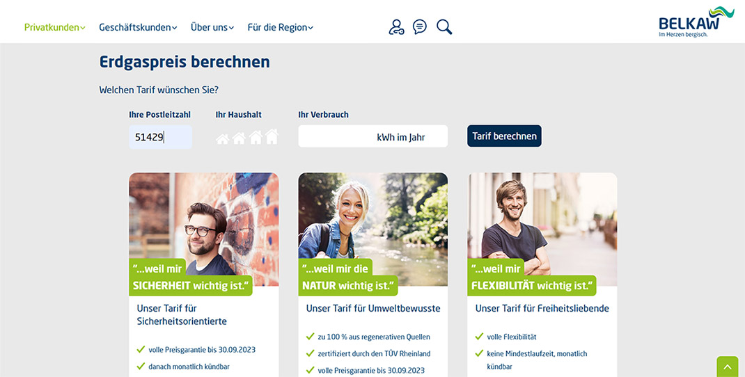 Website Screenshot des Tarifrechners - Referenz: Belkaw GmbH