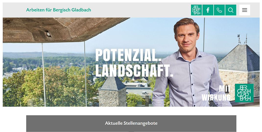 Website Screenshot mit aktuellen Stellenangeboten der Karriereseite der Stadt Bergisch Gladbach