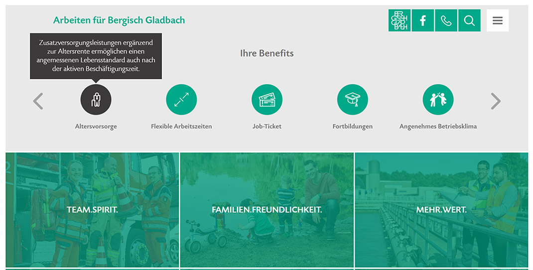 Website Screenshot der Karriereseite der Stadt Bergisch Gladbach / Ihre Benefits