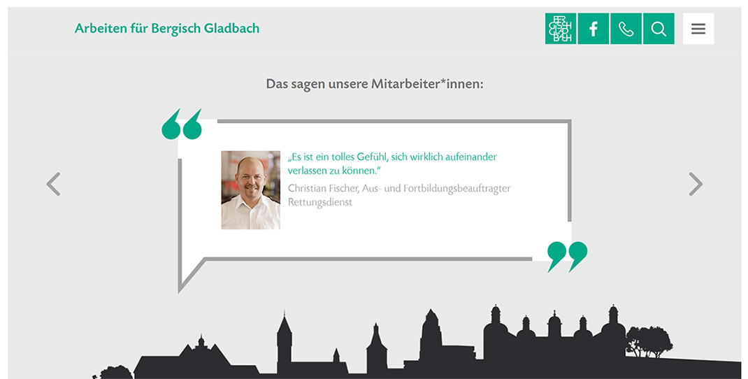 Website Screenshot der Karriereseite der Stadt Bergisch Gladbach / Mitarbeiterzitat
