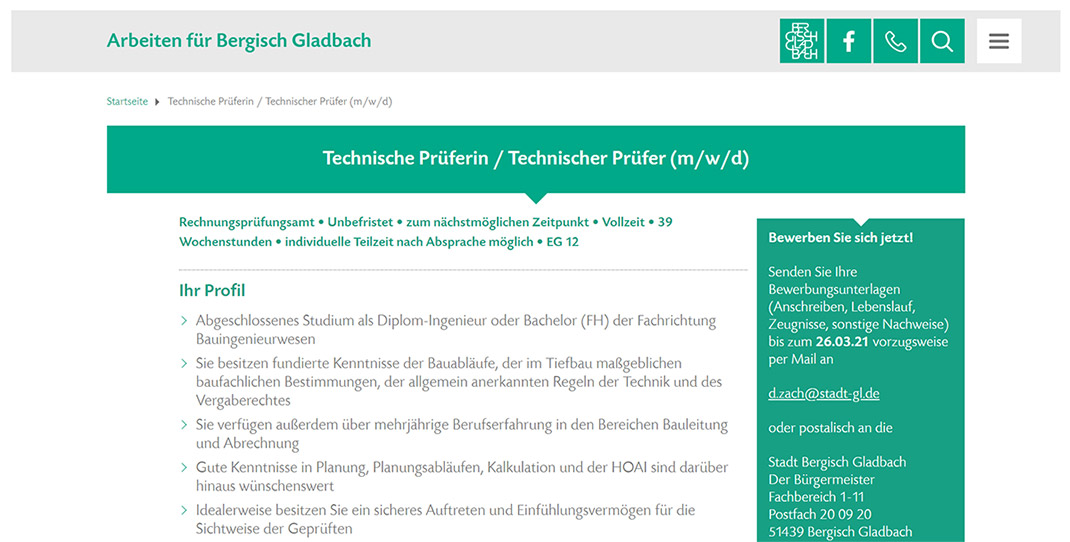Website Screenshot der Karriereseite der Stadt Bergisch Gladbach / Stellenangebot: Technischer Prüfer