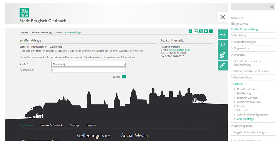Website Screenshot der Stadt Bergisch Gladbach: Straßenabfrage