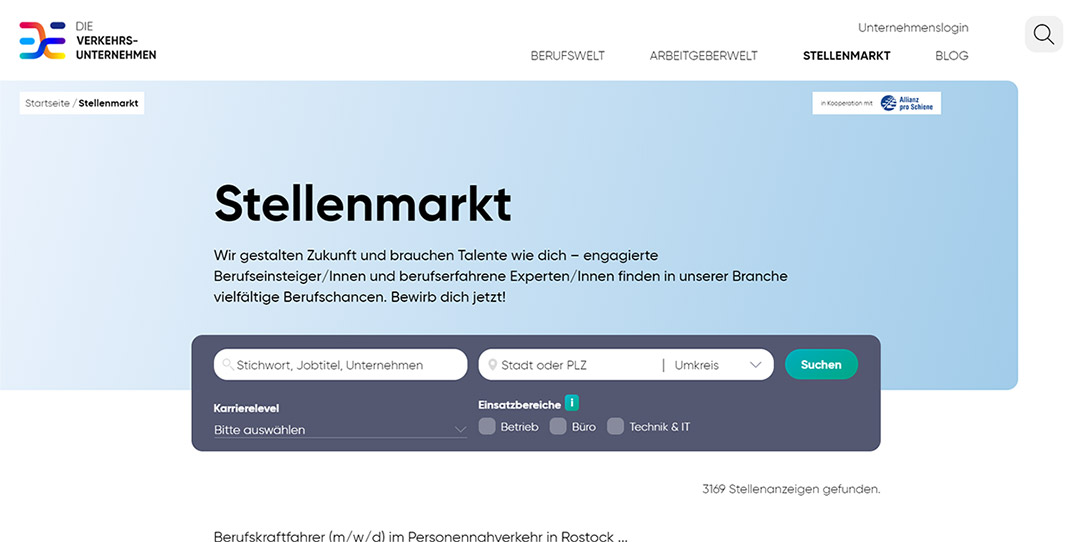 Website Screenshot des Stellenmarktes des VDV Webportals