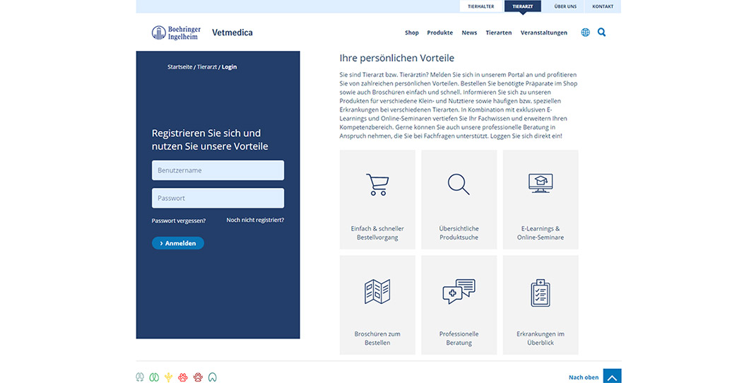Website Screenshot der Boehringer Ingelheim Vetmedica:  Vorteile für Tierärzte