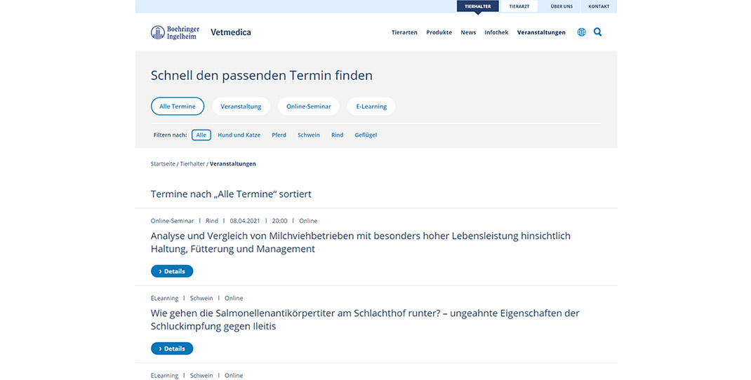 Website Screenshot der Boehringer Ingelheim Vetmedica: Terminsuche