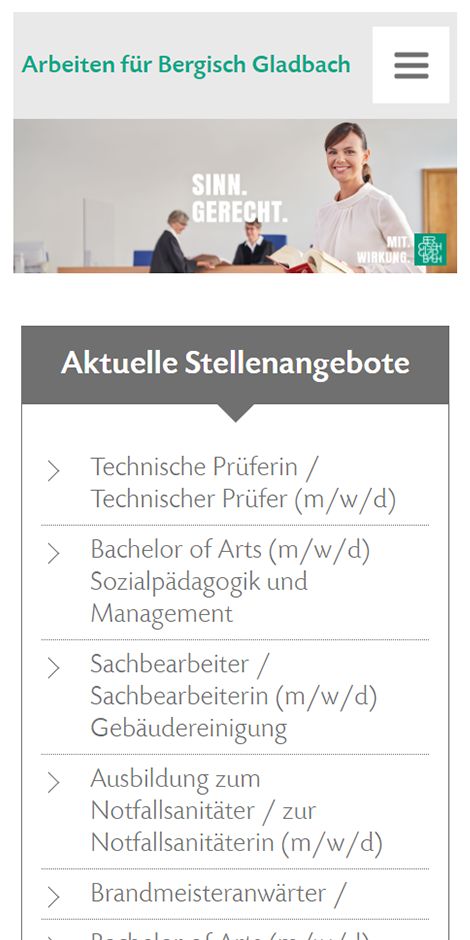 Website Screenshot (mobile Ansicht) mit aktuellen Stellenangeboten der Karriereseite der Stadt Bergisch Gladbach