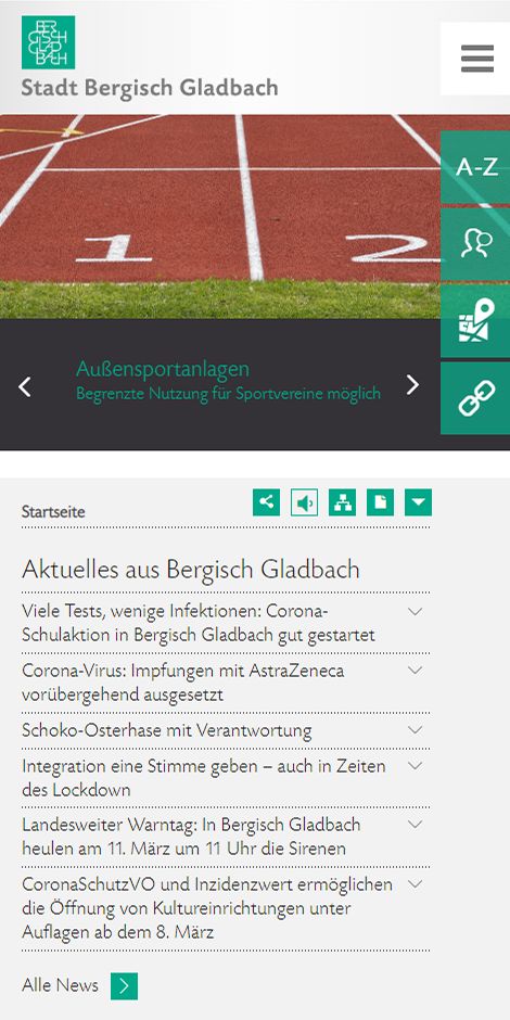 Website Screenshot der Stadt Bergisch Gladbach: Mobile Startseite